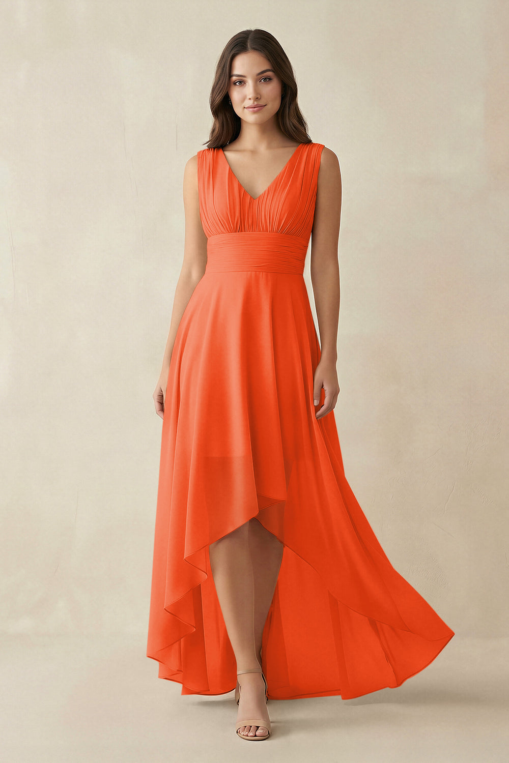 V-Neck High-Low Chiffon Bridesmaid Dress in Cinnamon