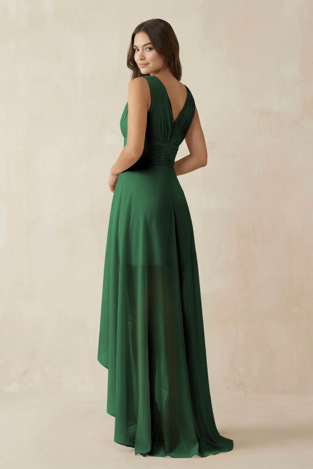 V - Neck High - Low Chiffon Bridesmaid Dress in Dark Green - KISS BRIDAL Bridesmaid Dresses