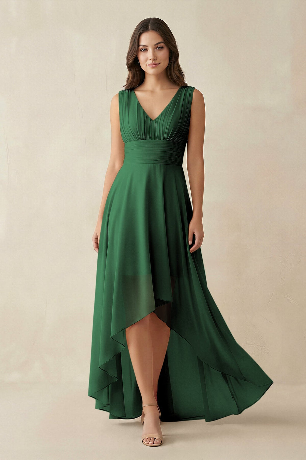 V - Neck High - Low Chiffon Bridesmaid Dress in Dark Green - KISS BRIDAL Bridesmaid Dresses