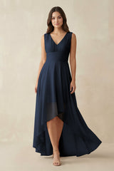 V - Neck High - Low Chiffon Bridesmaid Dress in Dark Navy - KISS BRIDAL Bridesmaid Dresses