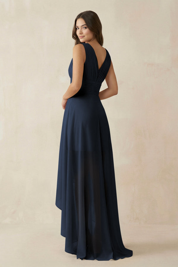 V - Neck High - Low Chiffon Bridesmaid Dress in Dark Navy - SHE IS ME Bridesmaid Dresses