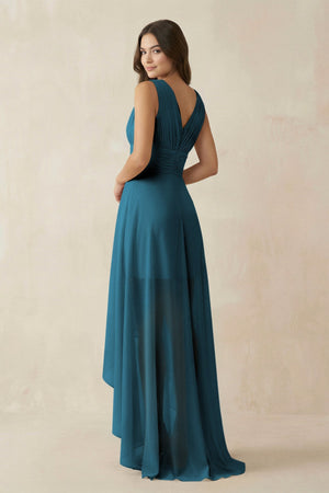 V - Neck High - Low Chiffon Bridesmaid Dress in Dark Teal - SHE IS ME Bridesmaid Dresses