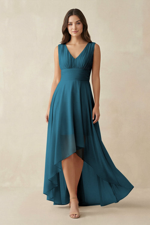V-Neck High-Low Chiffon Bridesmaid Dress in Dark Teal