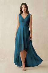 V - Neck High - Low Chiffon Bridesmaid Dress in Dark Teal - KISS BRIDAL Bridesmaid Dresses