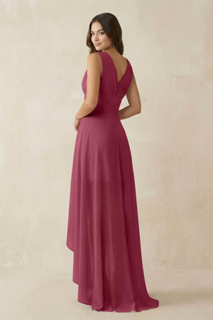 V - Neck High - Low Chiffon Bridesmaid Dress in Desert Rose - SHE IS ME Bridesmaid Dresses