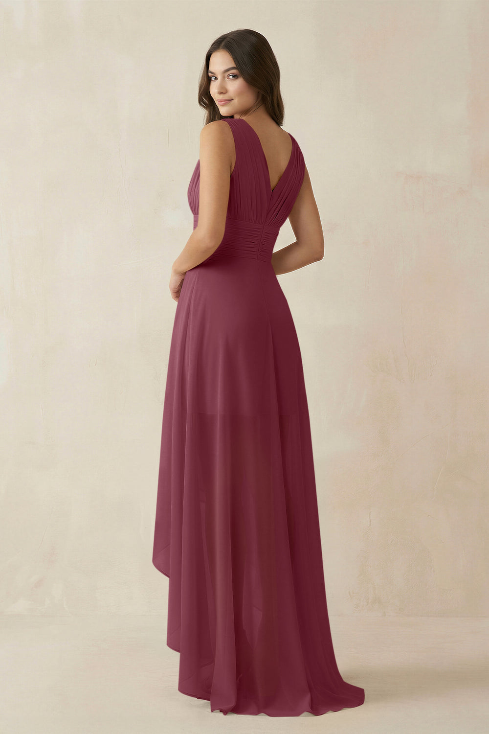 V-Neck High-Low Chiffon Bridesmaid Dress in Desert Rose