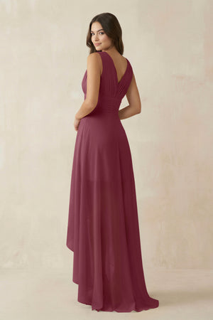 V-Neck High-Low Chiffon Bridesmaid Dress in Desert Rose (2) | KISSBRIDAL