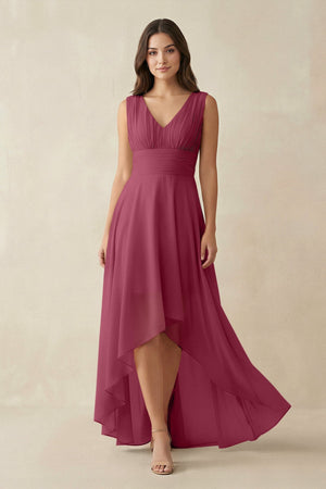 V - Neck High - Low Chiffon Bridesmaid Dress in Desert Rose - SHE IS ME Bridesmaid Dresses