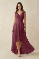 V-Neck High-Low Chiffon Bridesmaid Dress in Desert Rose | KISSBRIDAL