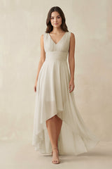 V - Neck High - Low Chiffon Bridesmaid Dress in Dove Gray - KISS BRIDAL Bridesmaid Dresses