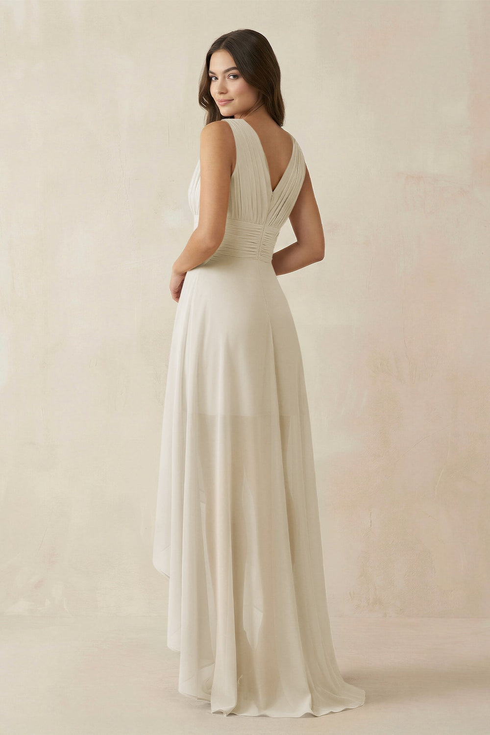 V - Neck High - Low Chiffon Bridesmaid Dress in Dove Gray - KISS BRIDAL Bridesmaid Dresses
