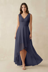 V - Neck High - Low Chiffon Bridesmaid Dress in Dusk Blue - KISS BRIDAL Bridesmaid Dresses