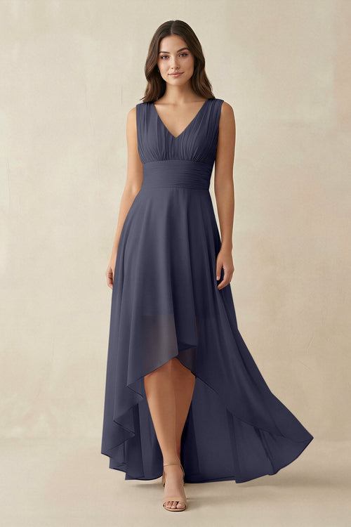 V - Neck High - Low Chiffon Bridesmaid Dress in Dusk Blue - SHE IS ME Bridesmaid Dresses