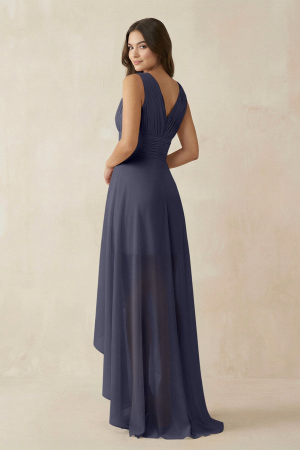 V - Neck High - Low Chiffon Bridesmaid Dress in Dusk Blue - SHE IS ME Bridesmaid Dresses