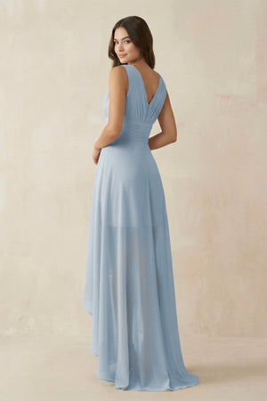 V - Neck High - Low Chiffon Bridesmaid Dress in Dusty Blue - SHE IS ME Bridesmaid Dresses