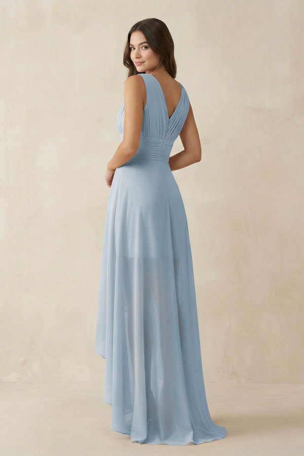 V - Neck High - Low Chiffon Bridesmaid Dress in Dusty Blue - SHE IS ME Bridesmaid Dresses