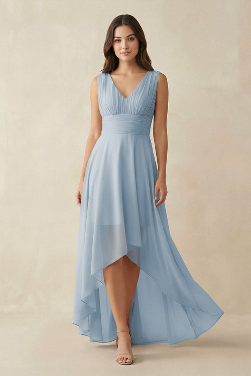 V - Neck High - Low Chiffon Bridesmaid Dress in Dusty Blue - SHE IS ME Bridesmaid Dresses