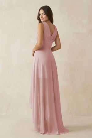 V - Neck High - Low Chiffon Bridesmaid Dress in Dusty Rose - SHE IS ME Bridesmaid Dresses