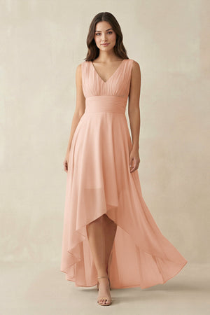 V - Neck High - Low Chiffon Bridesmaid Dress in English Rose - SHE IS ME Bridesmaid Dresses