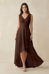V - Neck High - Low Chiffon Bridesmaid Dress in Espresso - KISS BRIDAL Bridesmaid Dresses