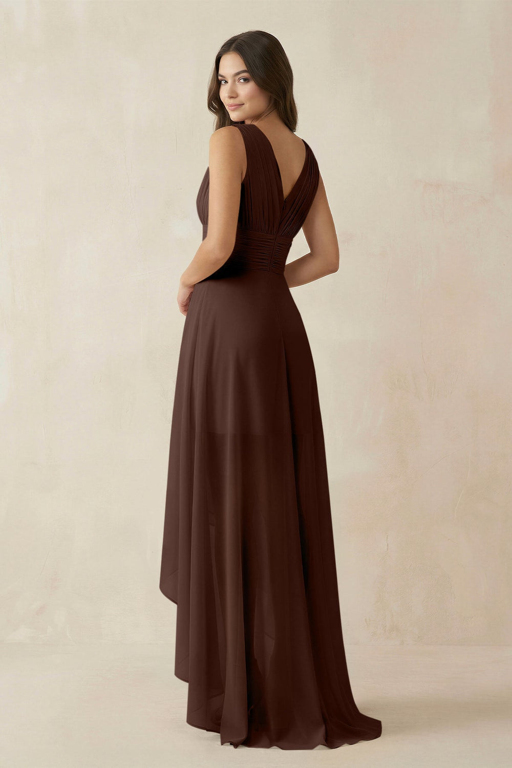 V - Neck High - Low Chiffon Bridesmaid Dress in Espresso - KISS BRIDAL Bridesmaid Dresses