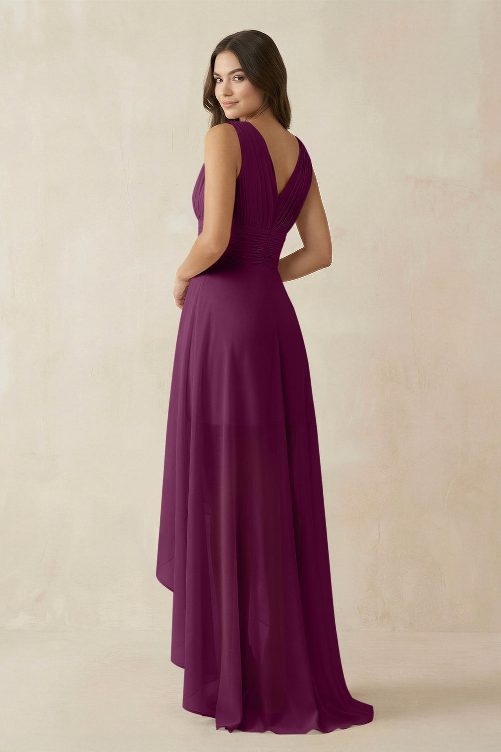V - Neck High - Low Chiffon Bridesmaid Dress in Fig - KISS BRIDAL Bridesmaid Dresses