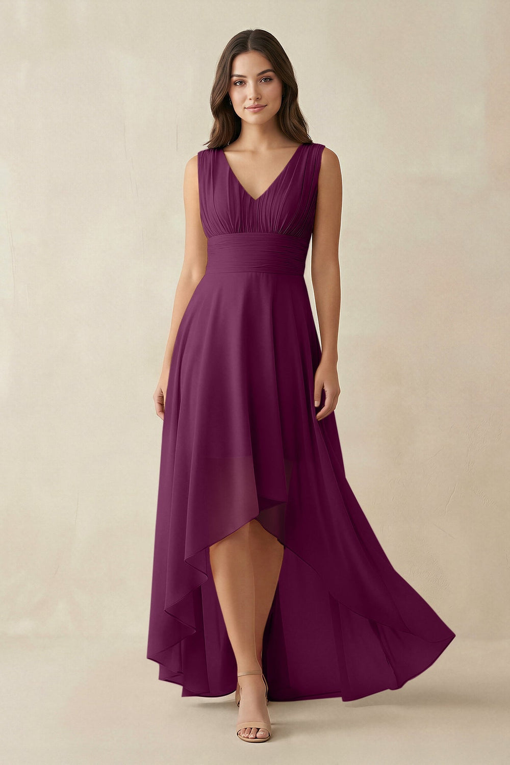V - Neck High - Low Chiffon Bridesmaid Dress in Fig - KISS BRIDAL Bridesmaid Dresses