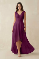 V - Neck High - Low Chiffon Bridesmaid Dress in Fig - SHE IS ME Bridesmaid Dresses