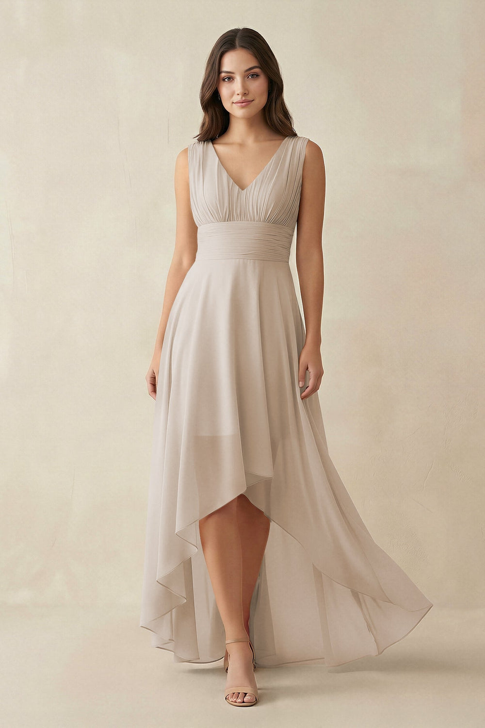 V - Neck High - Low Chiffon Bridesmaid Dress in Frost - KISS BRIDAL Bridesmaid Dresses