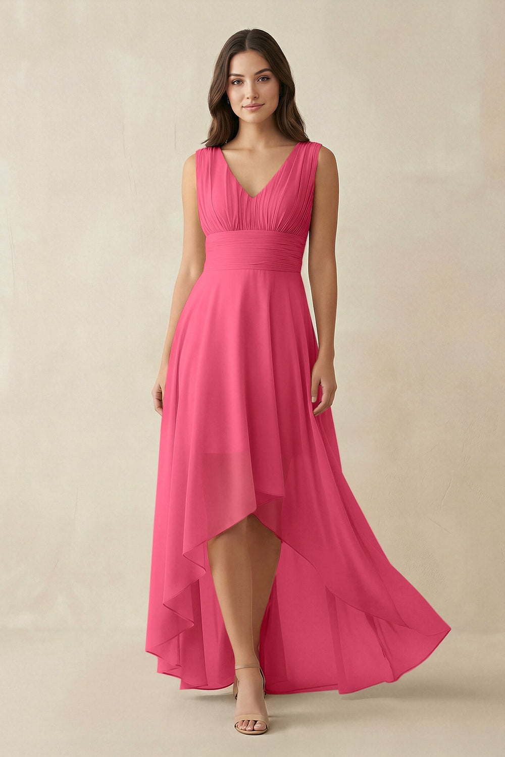 V - Neck High - Low Chiffon Bridesmaid Dress in Fuchsia - KISS BRIDAL Bridesmaid Dresses