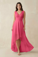 V - Neck High - Low Chiffon Bridesmaid Dress in Fuchsia - SHE IS ME Bridesmaid Dresses