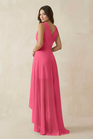 V - Neck High - Low Chiffon Bridesmaid Dress in Fuchsia - SHE IS ME Bridesmaid Dresses