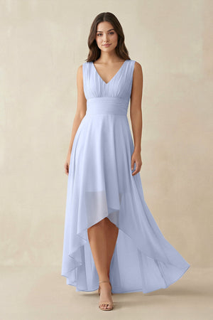 V - Neck High - Low Chiffon Bridesmaid Dress in Ice - SHE IS ME Bridesmaid Dresses