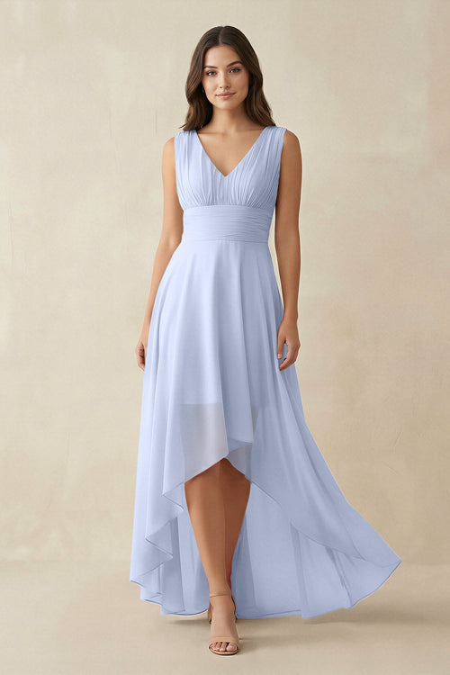 V - Neck High - Low Chiffon Bridesmaid Dress in Ice - SHE IS ME Bridesmaid Dresses