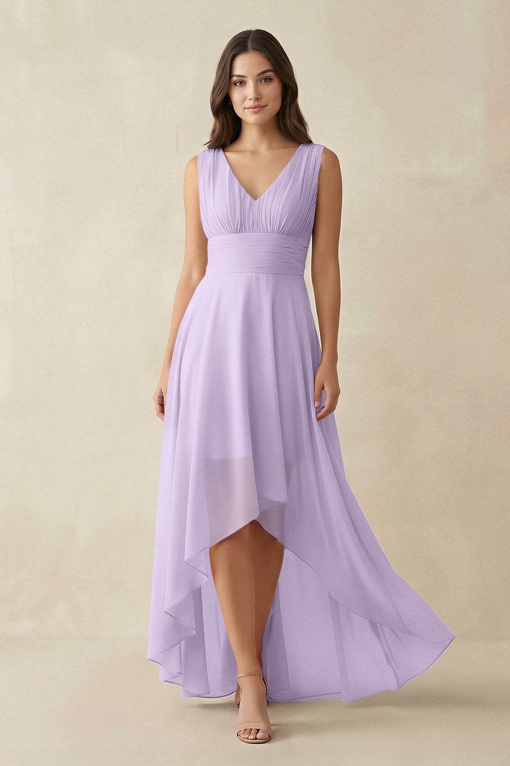 V - Neck High - Low Chiffon Bridesmaid Dress in Lavender - KISS BRIDAL Bridesmaid Dresses