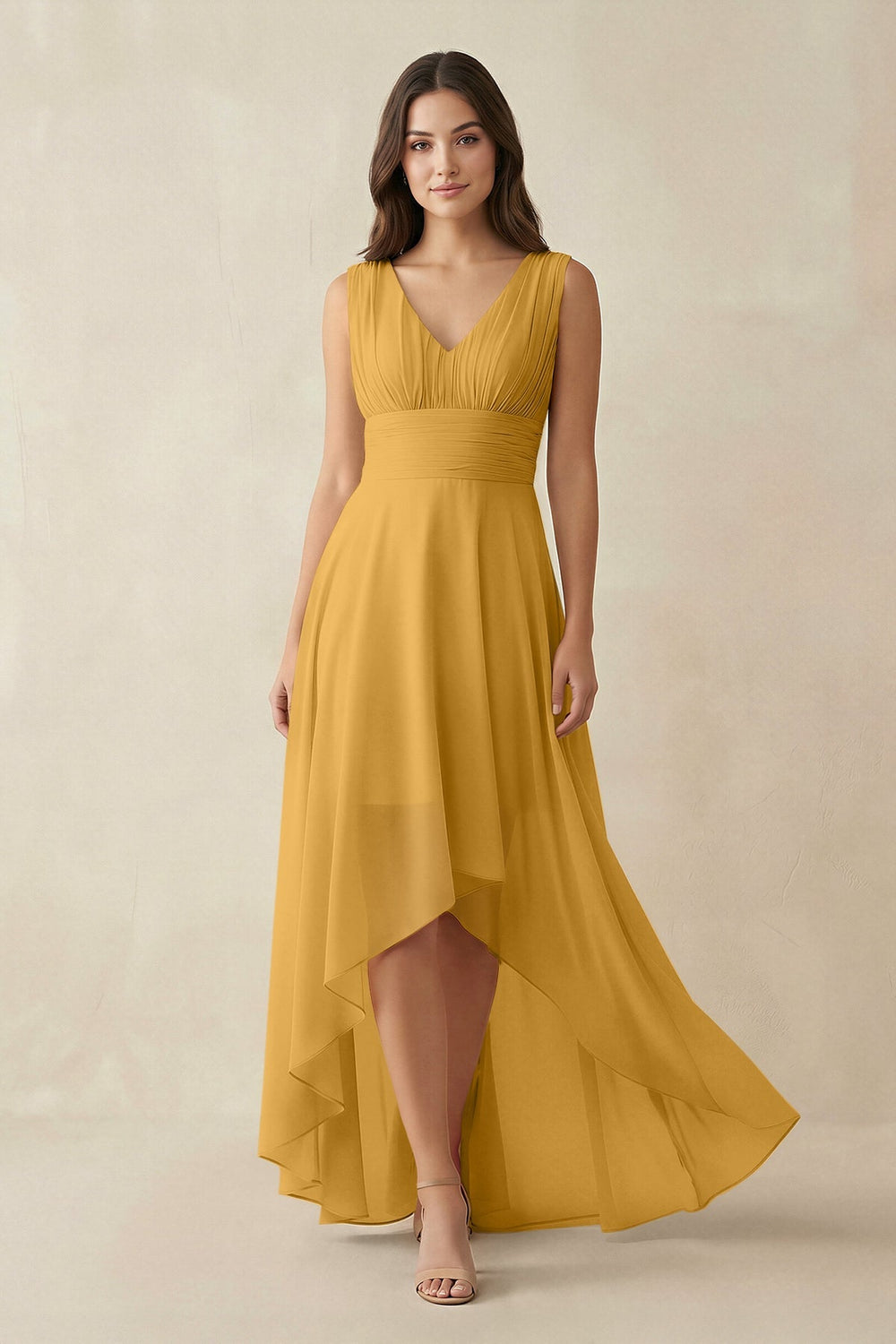 V - Neck High - Low Chiffon Bridesmaid Dress in Marigold - KISS BRIDAL Bridesmaid Dresses