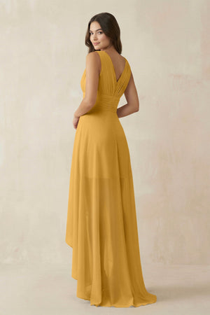 V - Neck High - Low Chiffon Bridesmaid Dress in Marigold - SHE IS ME Bridesmaid Dresses