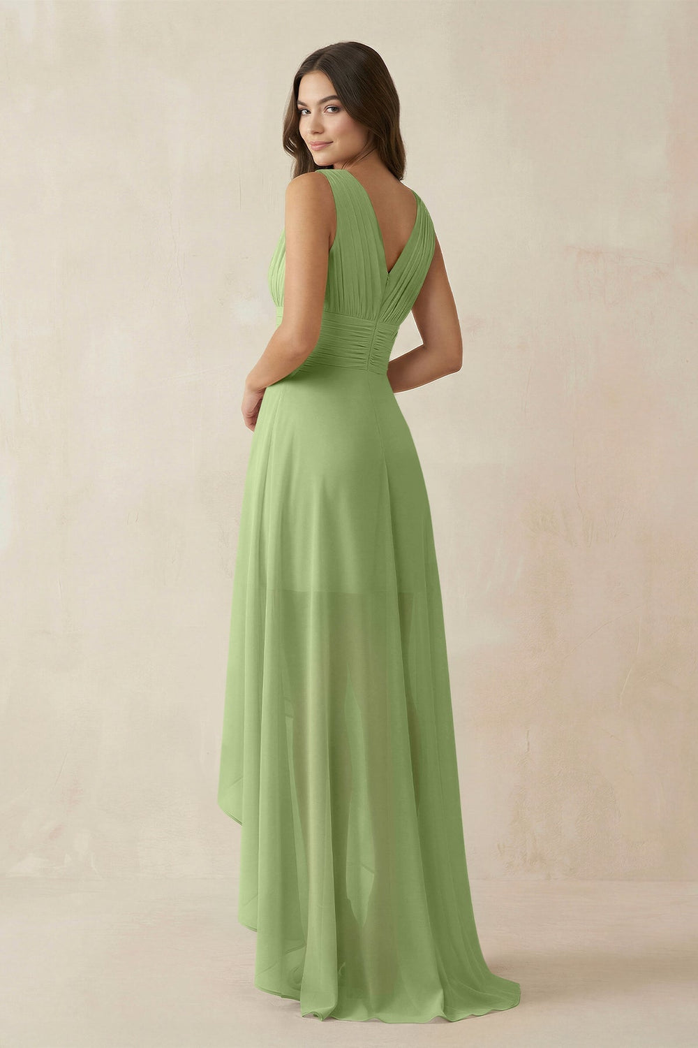 V - Neck High - Low Chiffon Bridesmaid Dress in Matcha - KISS BRIDAL Bridesmaid Dresses