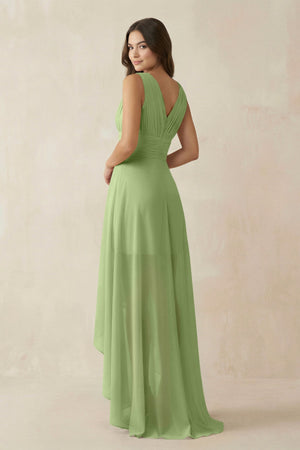 V - Neck High - Low Chiffon Bridesmaid Dress in Matcha - SHE IS ME Bridesmaid Dresses