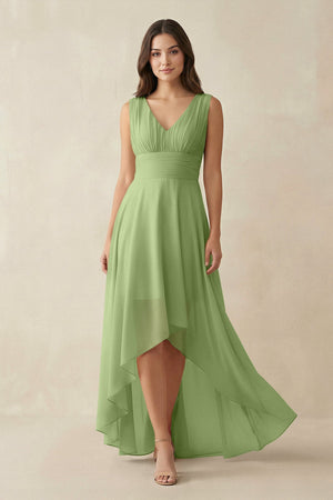 V - Neck High - Low Chiffon Bridesmaid Dress in Matcha - SHE IS ME Bridesmaid Dresses