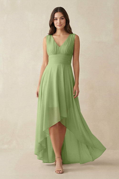 V - Neck High - Low Chiffon Bridesmaid Dress in Matcha - SHE IS ME Bridesmaid Dresses