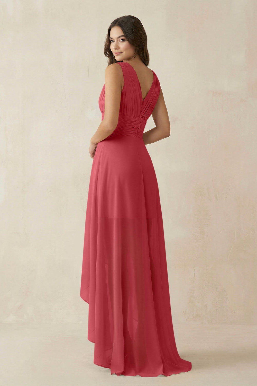 V - Neck High - Low Chiffon Bridesmaid Dress in Merlot - KISS BRIDAL Bridesmaid Dresses