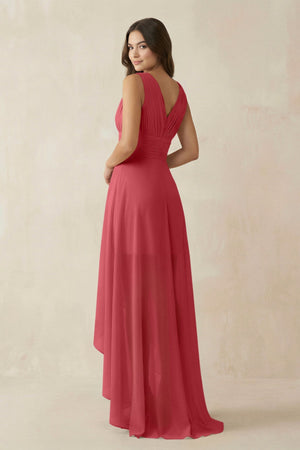V - Neck High - Low Chiffon Bridesmaid Dress in Merlot - SHE IS ME Bridesmaid Dresses