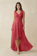 V - Neck High - Low Chiffon Bridesmaid Dress in Merlot - SHE IS ME Bridesmaid Dresses