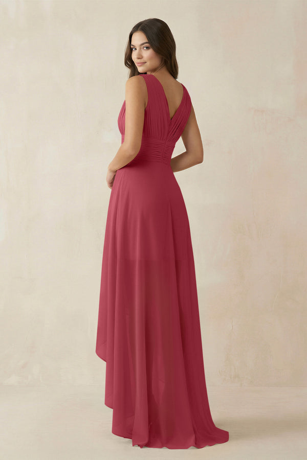 V - Neck High - Low Chiffon Bridesmaid Dress in Merlot - KISS BRIDAL Bridesmaid Dresses