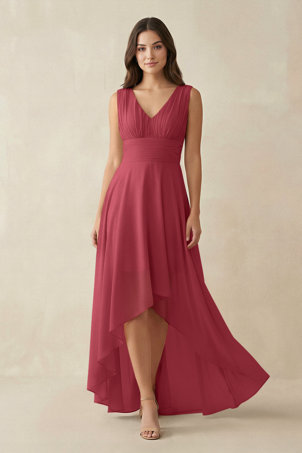 V-Neck High-Low Chiffon Bridesmaid Dress in Merlot