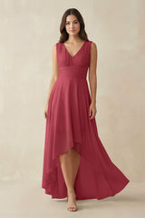 V - Neck High - Low Chiffon Bridesmaid Dress in Merlot - KISS BRIDAL Bridesmaid Dresses