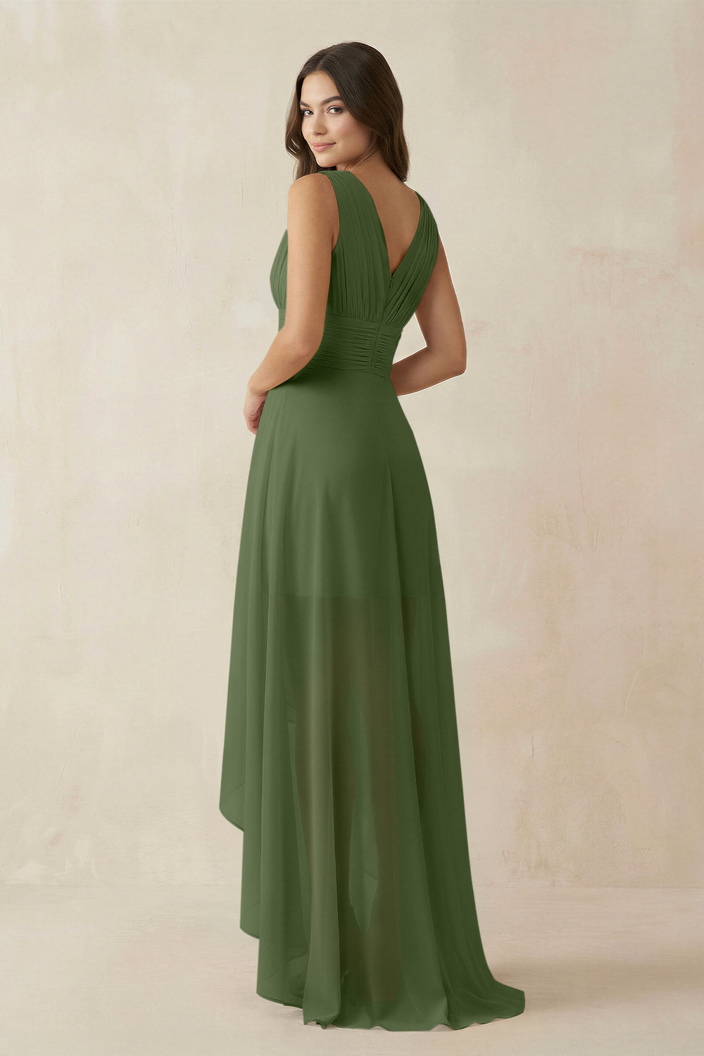 V-Neck High-Low Chiffon Bridesmaid Dress in Moss