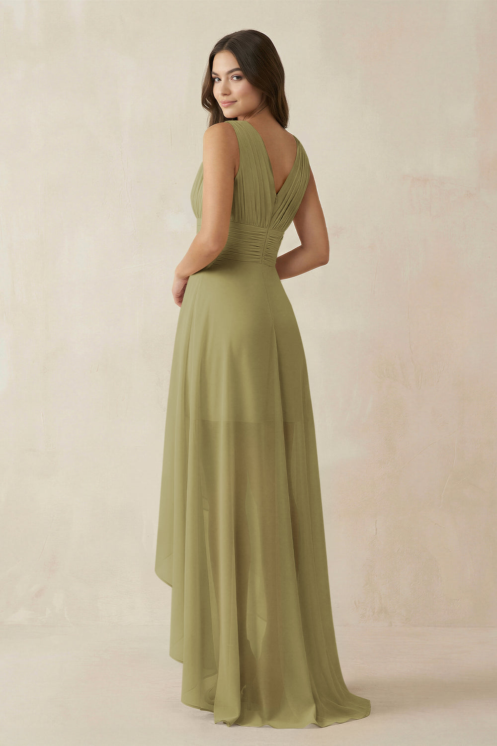 V-Neck High-Low Chiffon Bridesmaid Dress in Moss Green