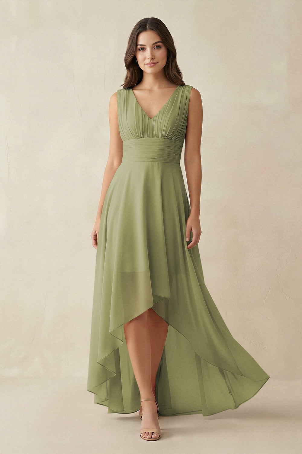 V - Neck High - Low Chiffon Bridesmaid Dress in Moss Green - KISS BRIDAL Bridesmaid Dresses